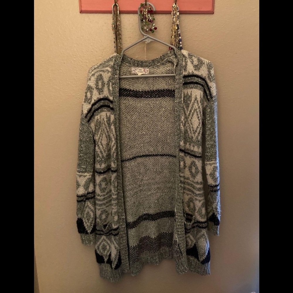 Pink Republic Gray Fair Isle Knitted Long Cardigan, Medium